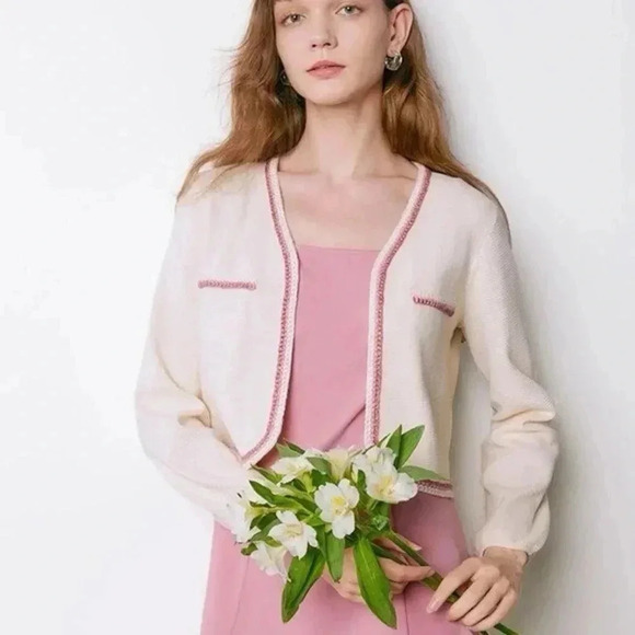Goelia Cream Pink Trim Cotton Blend Open Front Cardigan Sweater Size Large L - Picture 1 of 5